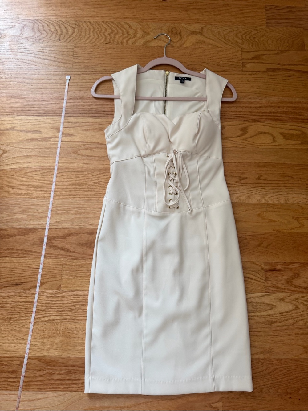 XOXO Ivory Lace-Up Midi Sheath Dress